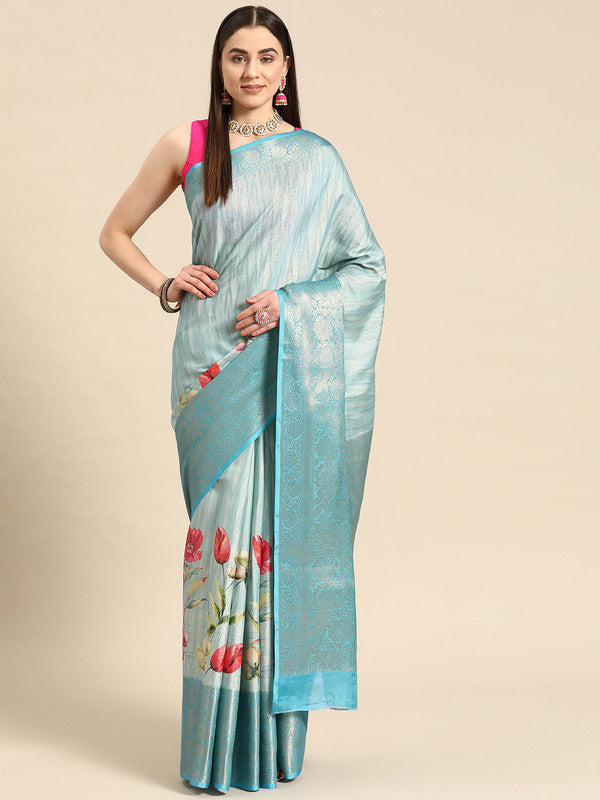 Blue Tissue Silk Digital Print Floral Saree with Unstitched Blouse - Hiral Fashion - Distacart