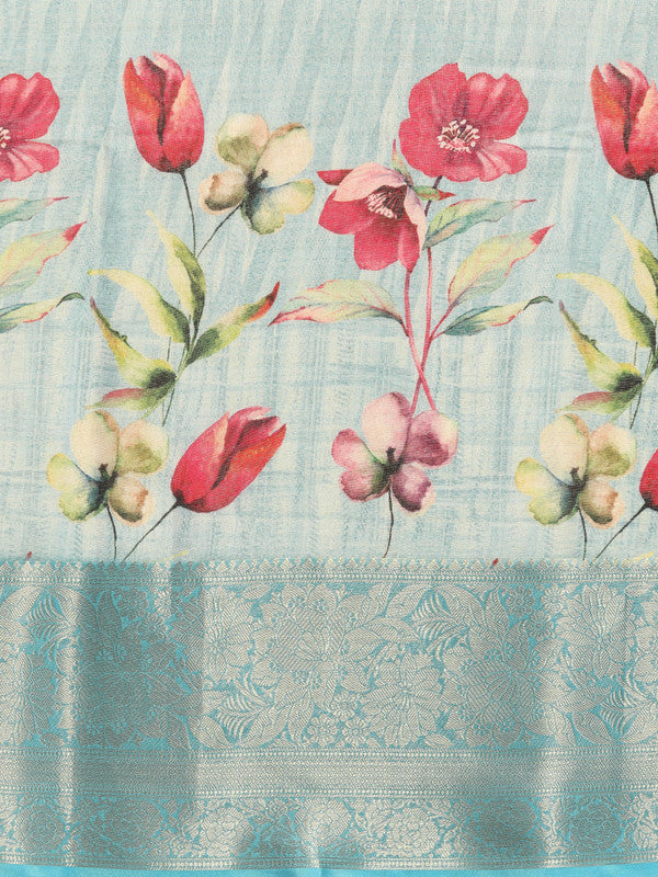 Blue Tissue Silk Digital Print Floral Saree with Unstitched Blouse - Hiral Fashion - Distacart