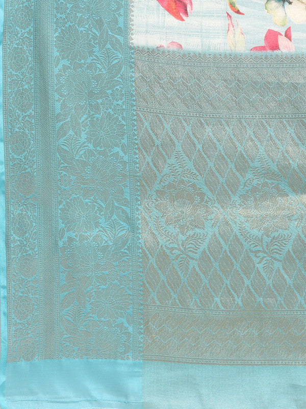 Blue Tissue Silk Digital Print Floral Saree with Unstitched Blouse - Hiral Fashion - Distacart