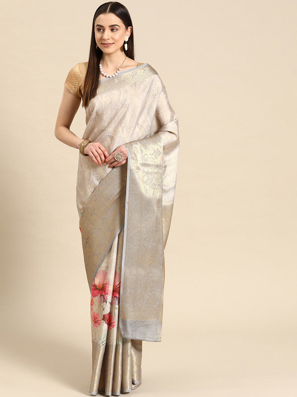 Gray Tissue Silk Digital Print Floral Saree with Unstitched Blouse - Hiral Fashion - Distacart