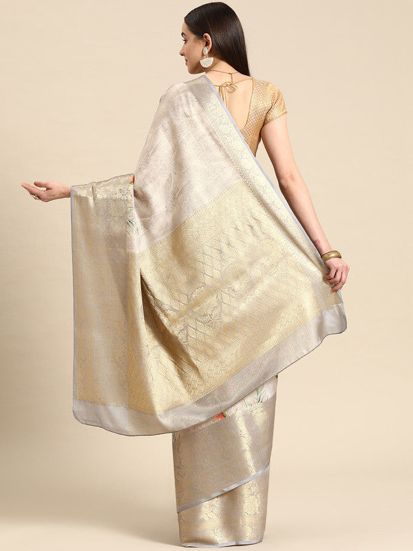 Gray Tissue Silk Digital Print Floral Saree with Unstitched Blouse - Hiral Fashion - Distacart