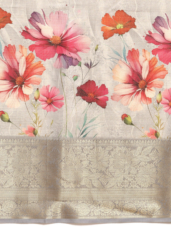 Gray Tissue Silk Digital Print Floral Saree with Unstitched Blouse - Hiral Fashion - Distacart