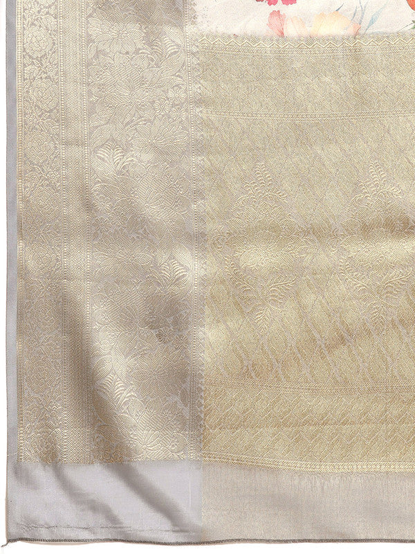 Gray Tissue Silk Digital Print Floral Saree with Unstitched Blouse - Hiral Fashion - Distacart