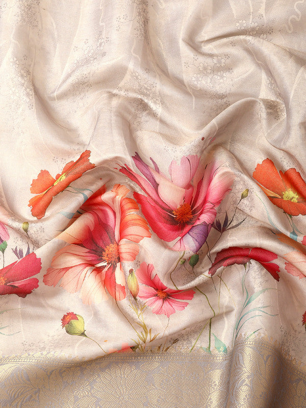 Gray Tissue Silk Digital Print Floral Saree with Unstitched Blouse - Hiral Fashion - Distacart