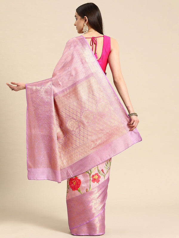 Lavender Tissue Silk Digital Print Floral Saree with Unstitched Blouse - Hiral Fashion - Distacart