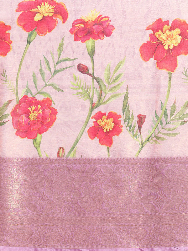 Lavender Tissue Silk Digital Print Floral Saree with Unstitched Blouse - Hiral Fashion - Distacart
