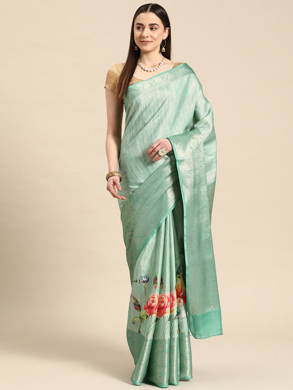 Turquoise Tissue Silk Digital Print Floral Saree with Unstitched Blouse - Hiral Fashion - Distacart