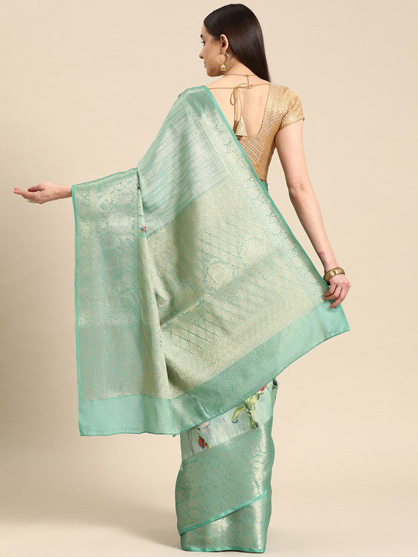 Turquoise Tissue Silk Digital Print Floral Saree with Unstitched Blouse - Hiral Fashion - Distacart