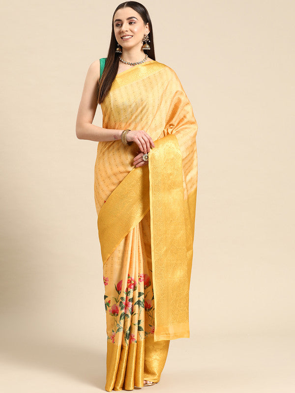 Yellow Tissue Silk Digital Print Floral Saree with Unstitched Blouse - Hiral Fashion - Distacart