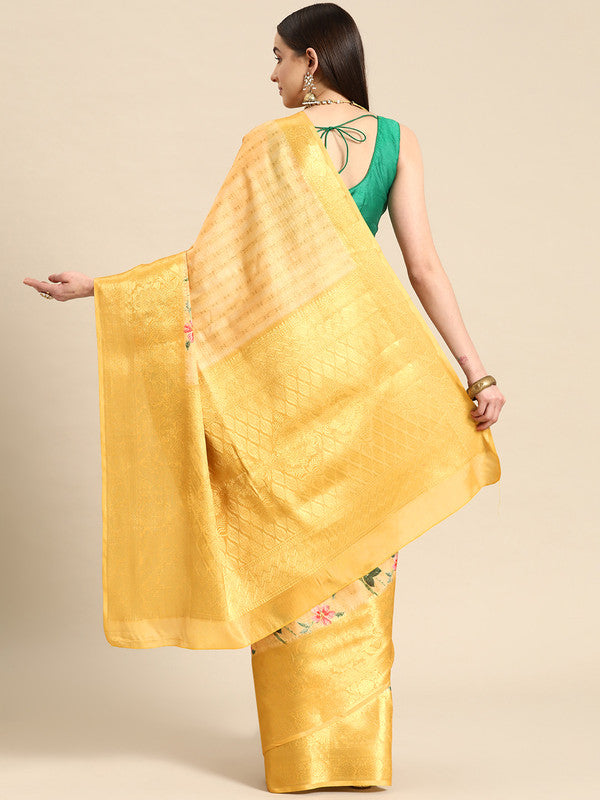 Yellow Tissue Silk Digital Print Floral Saree with Unstitched Blouse - Hiral Fashion - Distacart