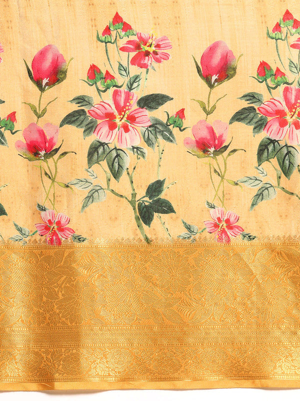 Yellow Tissue Silk Digital Print Floral Saree with Unstitched Blouse - Hiral Fashion - Distacart