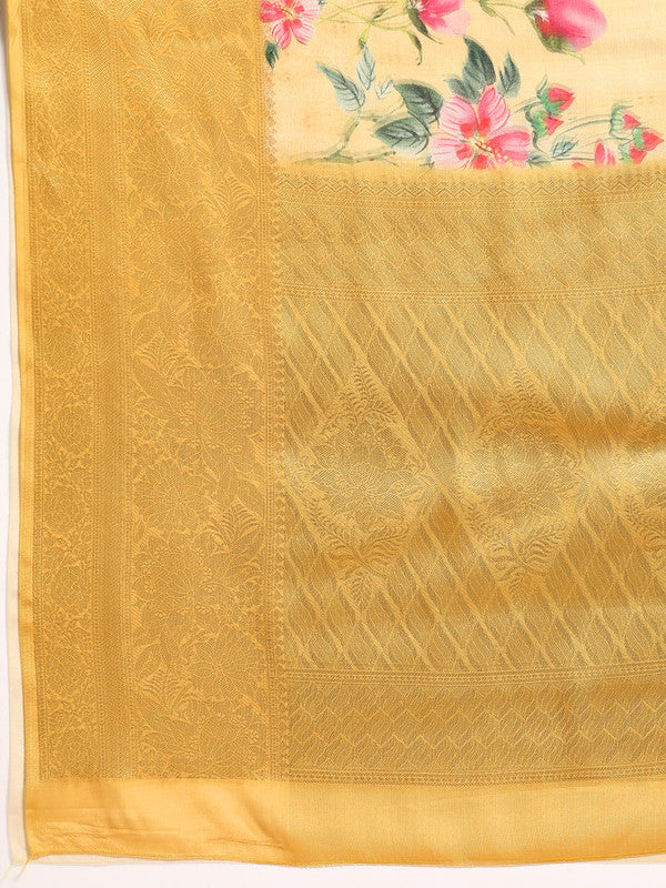 Yellow Tissue Silk Digital Print Floral Saree with Unstitched Blouse - Hiral Fashion - Distacart