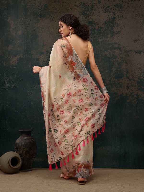 Beige Cotton Blend Digital Print Animal Print Saree with Unstitched Blouse - Hiral Fashion - Distacart