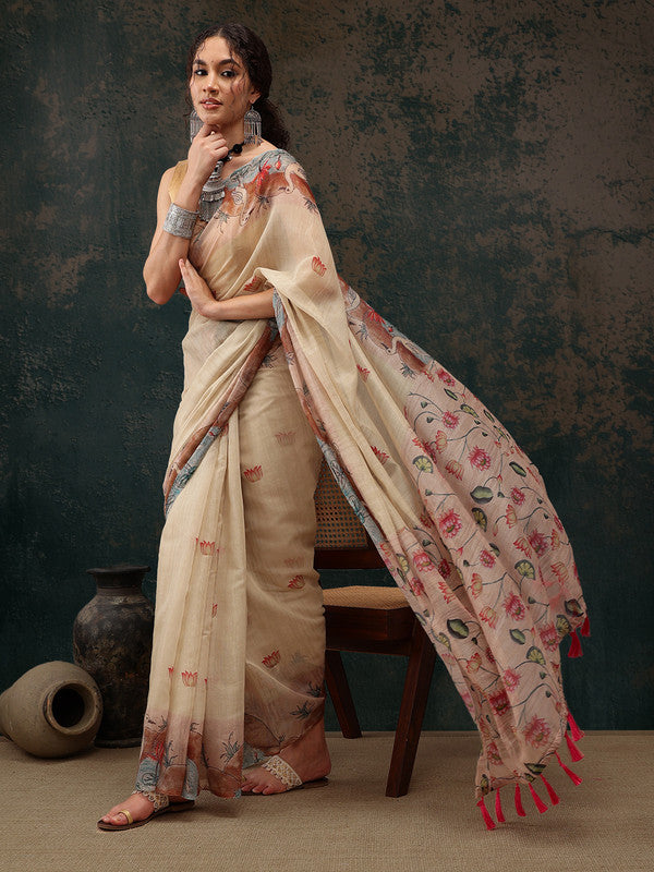 Beige Cotton Blend Digital Print Animal Print Saree with Unstitched Blouse - Hiral Fashion - Distacart