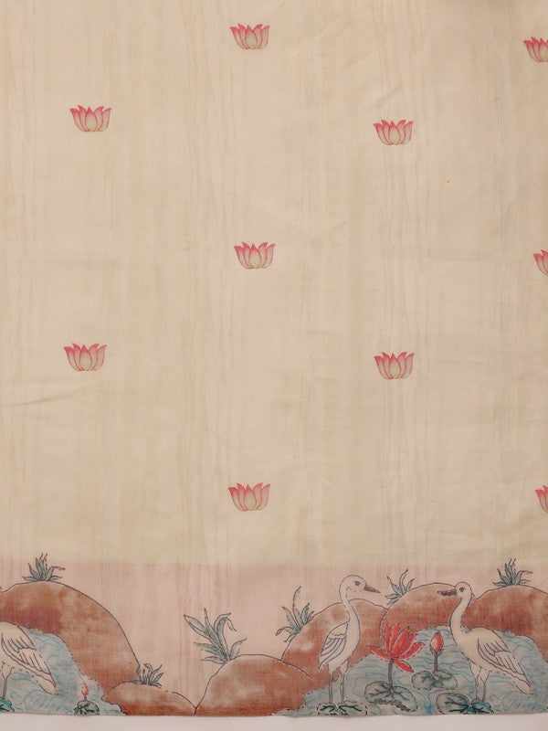 Beige Cotton Blend Digital Print Animal Print Saree with Unstitched Blouse - Hiral Fashion - Distacart