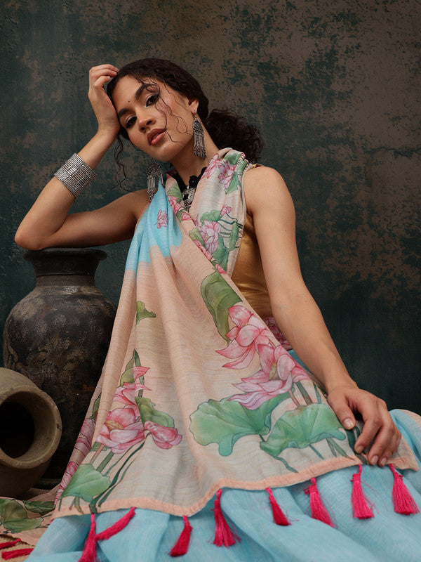 Blue Cotton Blend Digital Print Animal Print Saree with Unstitched Blouse - Hiral Fashion - Distacart