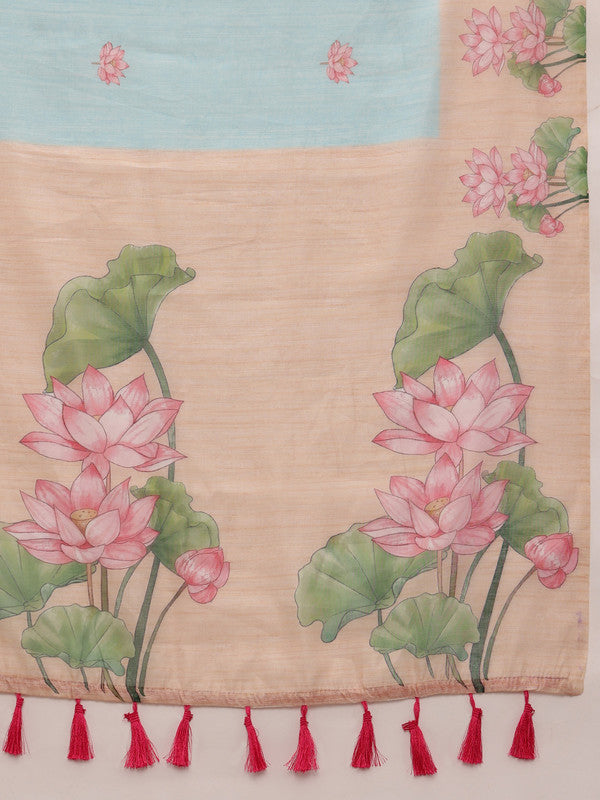 Blue Cotton Blend Digital Print Animal Print Saree with Unstitched Blouse - Hiral Fashion - Distacart