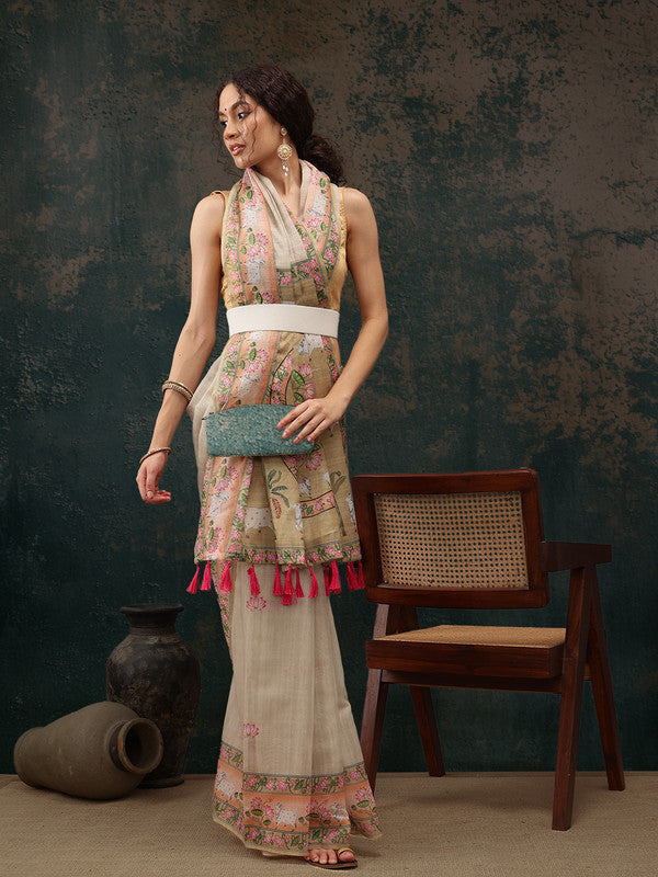 Green Cotton Blend Digital Print Animal Print Saree with Unstitched Blouse - Hiral Fashion - Distacart