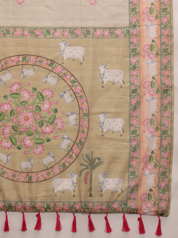 Green Cotton Blend Digital Print Animal Print Saree with Unstitched Blouse - Hiral Fashion - Distacart