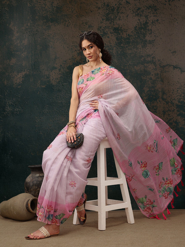 Light Pink Cotton Blend Digital Print Animal Print Saree with Unstitched Blouse - Hiral Fashion - Distacart