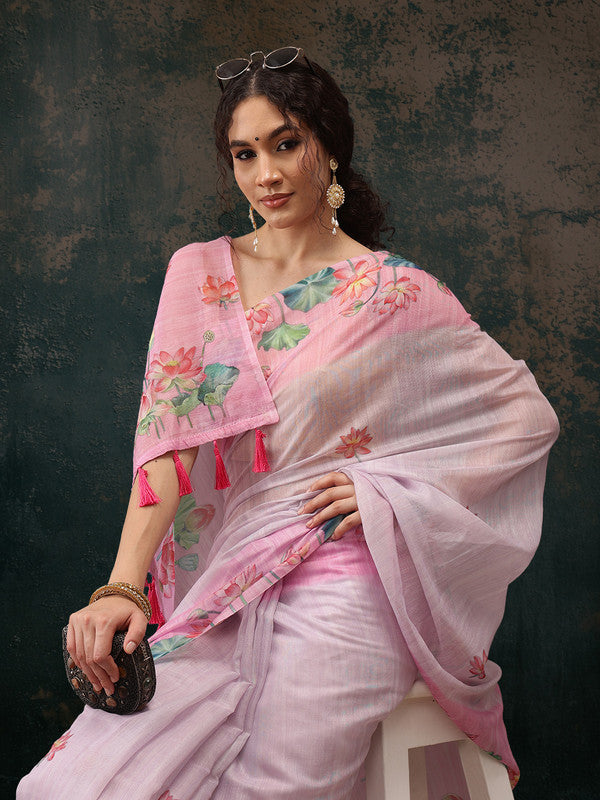 Light Pink Cotton Blend Digital Print Animal Print Saree with Unstitched Blouse - Hiral Fashion - Distacart