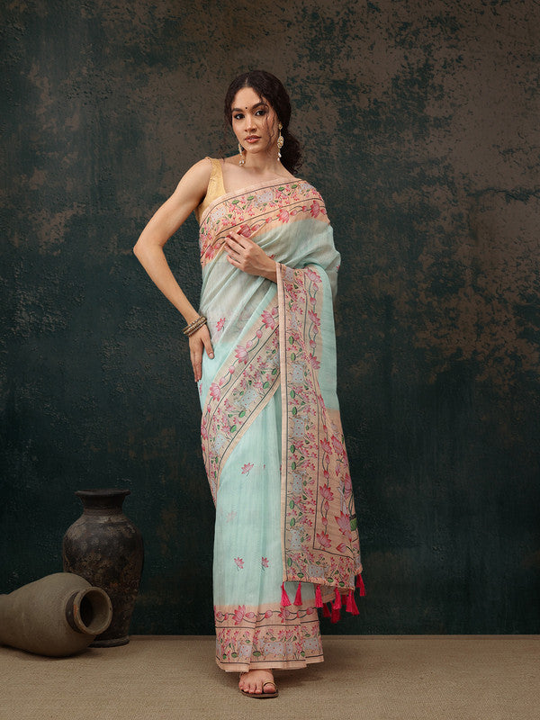 Turquoise Cotton Blend Digital Print Animal Print Saree with Unstitched Blouse - Hiral Fashion - Distacart