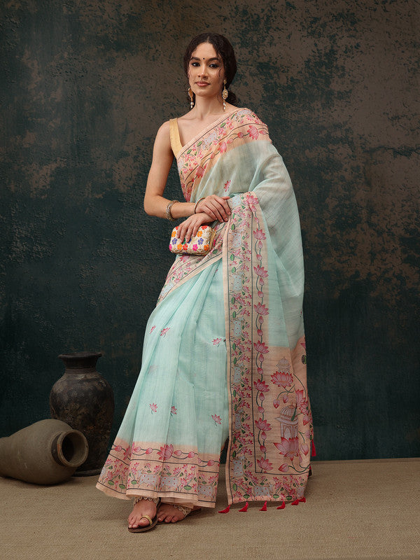 Turquoise Cotton Blend Digital Print Animal Print Saree with Unstitched Blouse - Hiral Fashion - Distacart