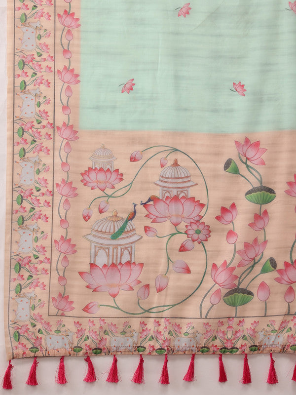 Turquoise Cotton Blend Digital Print Animal Print Saree with Unstitched Blouse - Hiral Fashion - Distacart