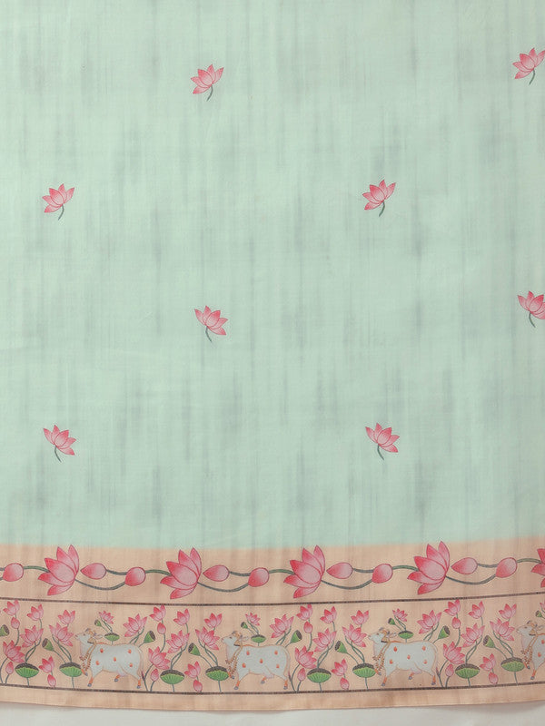 Turquoise Cotton Blend Digital Print Animal Print Saree with Unstitched Blouse - Hiral Fashion - Distacart