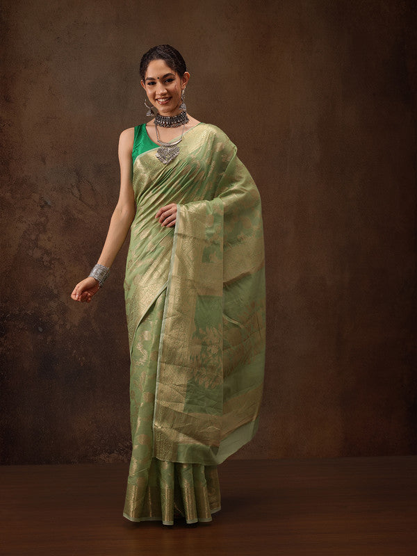 Green Cotton Woven Zari Design Floral Saree with Unstitched Blouse - Hiral Fashion - Distacart
