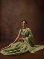 Thumbnail for Green Cotton Woven Zari Design Floral Saree with Unstitched Blouse - Hiral Fashion - Distacart