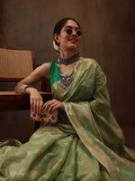 Thumbnail for Green Cotton Woven Zari Design Floral Saree with Unstitched Blouse - Hiral Fashion - Distacart