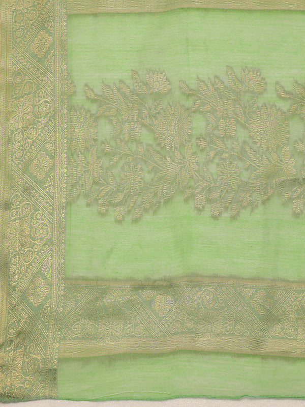 Green Cotton Woven Zari Design Floral Saree with Unstitched Blouse - Hiral Fashion - Distacart