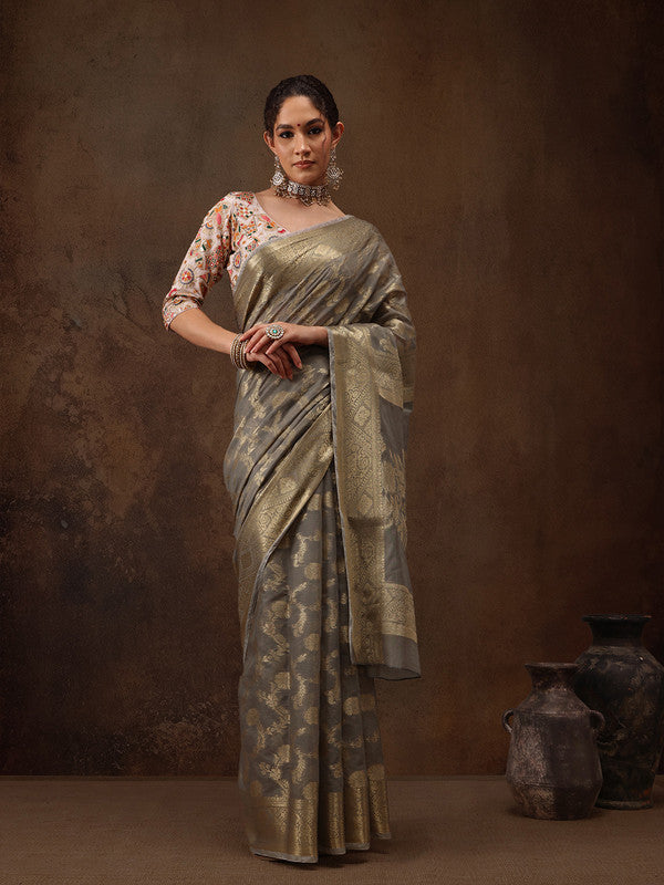 Gray Cotton Woven Zari Design Floral Saree with Unstitched Blouse - Hiral Fashion - Distacart