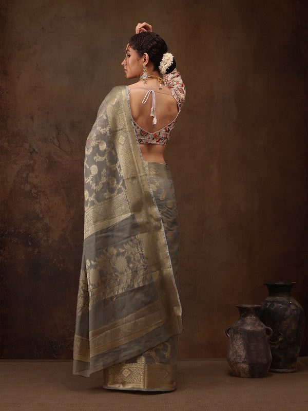 Gray Cotton Woven Zari Design Floral Saree with Unstitched Blouse - Hiral Fashion - Distacart