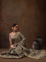 Thumbnail for Gray Cotton Woven Zari Design Floral Saree with Unstitched Blouse - Hiral Fashion - Distacart