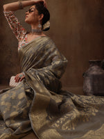 Thumbnail for Gray Cotton Woven Zari Design Floral Saree with Unstitched Blouse - Hiral Fashion - Distacart
