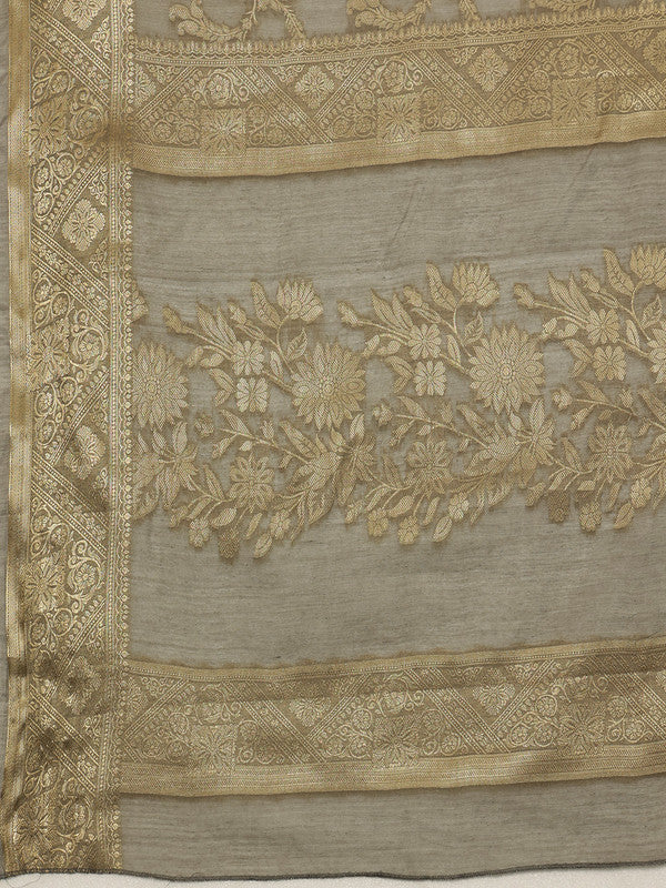 Gray Cotton Woven Zari Design Floral Saree with Unstitched Blouse - Hiral Fashion - Distacart