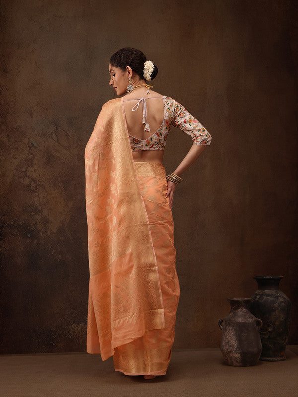 Peach Cotton Woven Zari Design Floral Saree with Unstitched Blouse - Hiral Fashion - Distacart