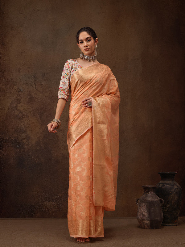 Peach Cotton Woven Zari Design Floral Saree with Unstitched Blouse - Hiral Fashion - Distacart