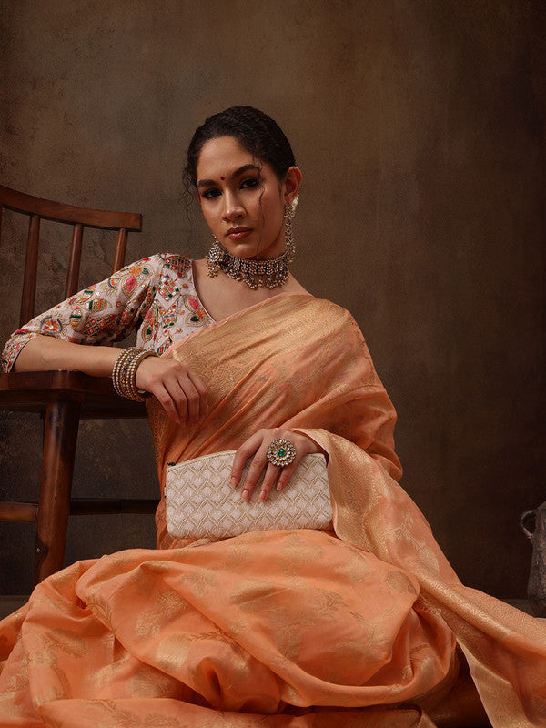 Peach Cotton Woven Zari Design Floral Saree with Unstitched Blouse - Hiral Fashion - Distacart