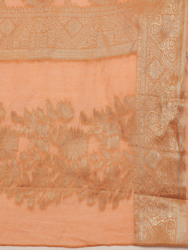 Peach Cotton Woven Zari Design Floral Saree with Unstitched Blouse - Hiral Fashion - Distacart