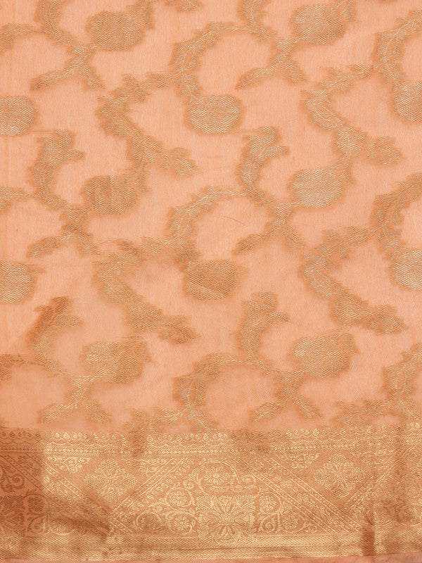 Peach Cotton Woven Zari Design Floral Saree with Unstitched Blouse - Hiral Fashion - Distacart