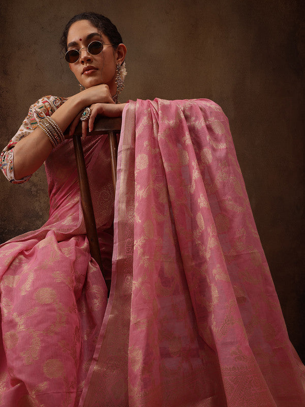 Pink Cotton Woven Zari Design Floral Saree with Unstitched Blouse - Hiral Fashion - Distacart