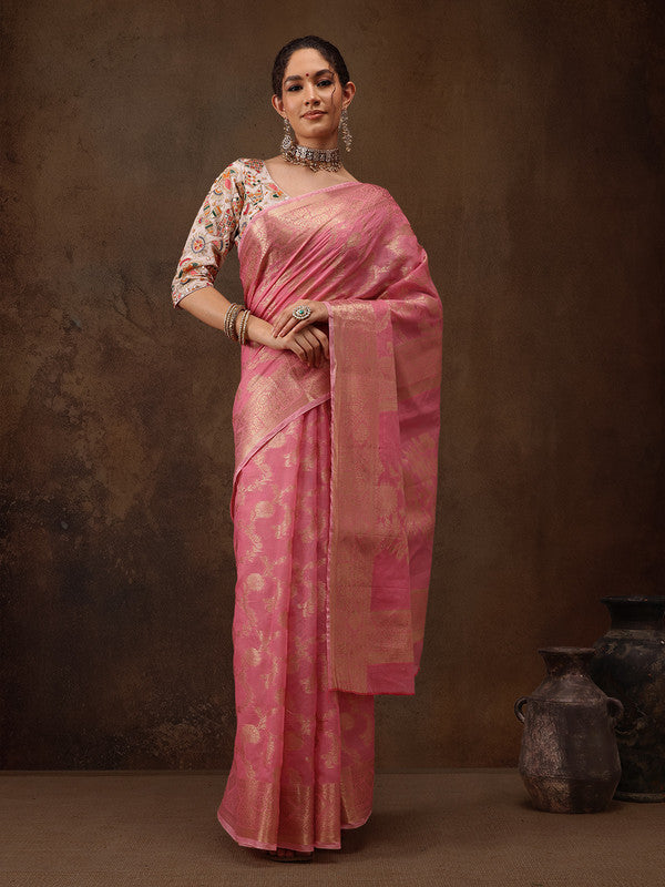 Pink Cotton Woven Zari Design Floral Saree with Unstitched Blouse - Hiral Fashion - Distacart