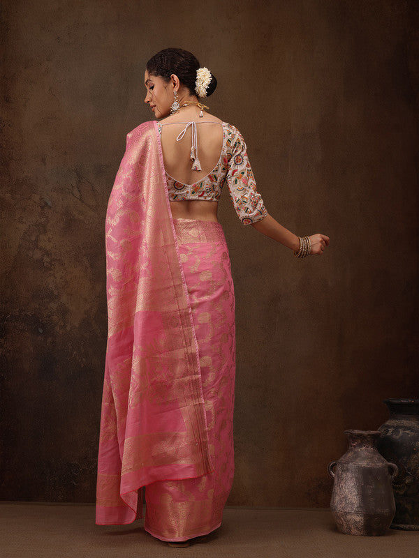 Pink Cotton Woven Zari Design Floral Saree with Unstitched Blouse - Hiral Fashion - Distacart