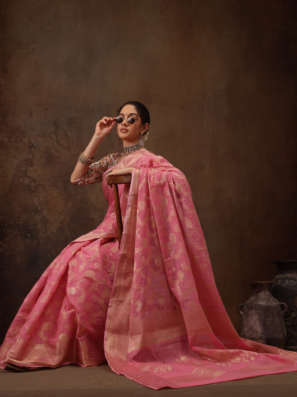 Pink Cotton Woven Zari Design Floral Saree with Unstitched Blouse - Hiral Fashion - Distacart