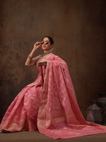 Thumbnail for Pink Cotton Woven Zari Design Floral Saree with Unstitched Blouse - Hiral Fashion - Distacart