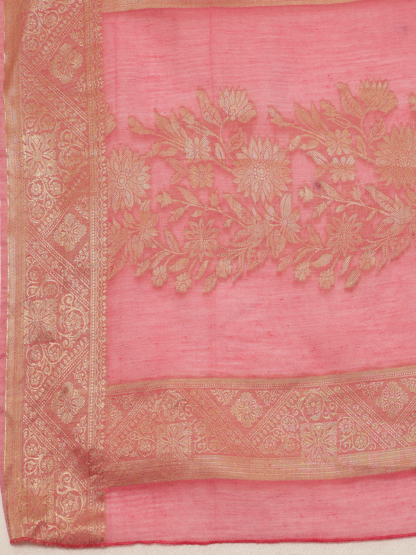 Pink Cotton Woven Zari Design Floral Saree with Unstitched Blouse - Hiral Fashion - Distacart
