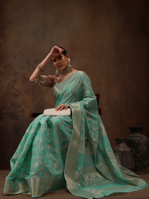 Turquoise Cotton Woven Zari Design Floral Saree with Unstitched Blouse - Hiral Fashion - Distacart